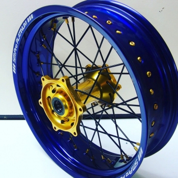 Supermoto velgen Talon goudkleurige naaf met blauwe smpro platinum velg